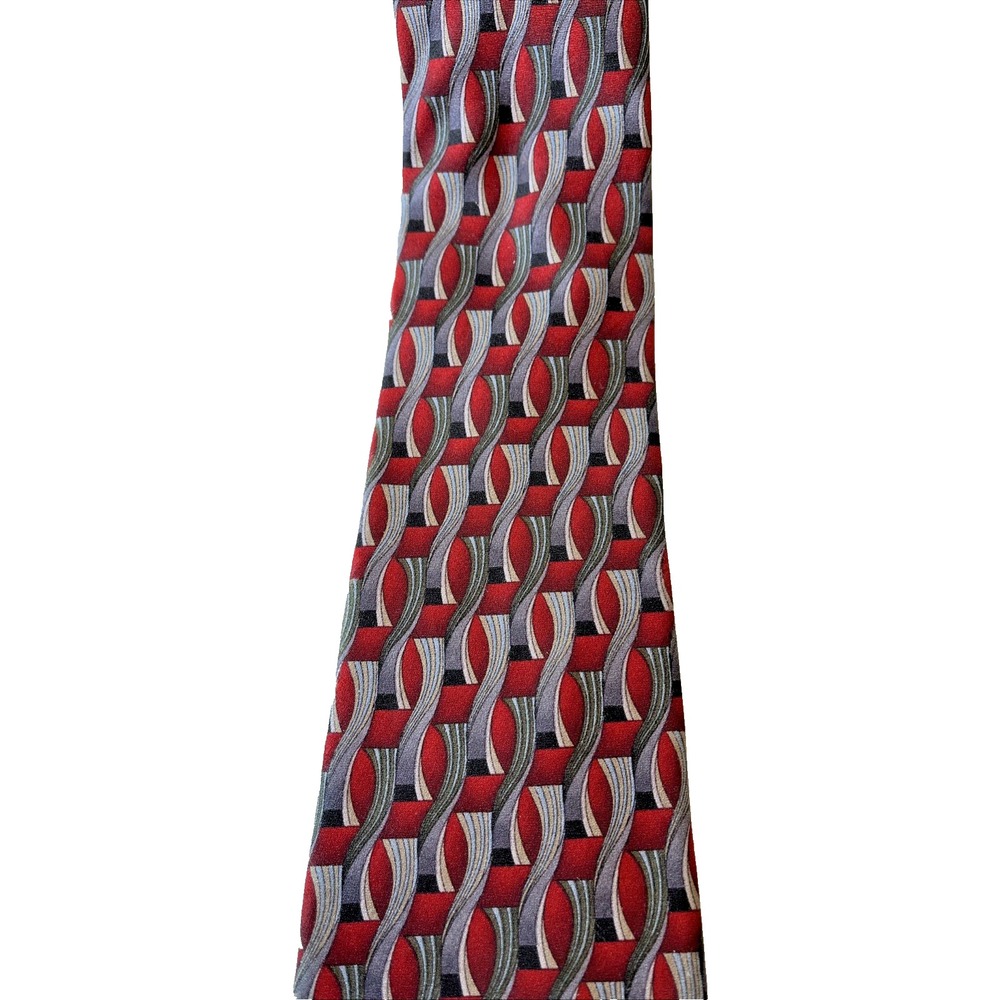 Antonia Collection EXTRA LONG Italian 100% Silk Tie Red Silver Geometric Career - Picture 3 of 6